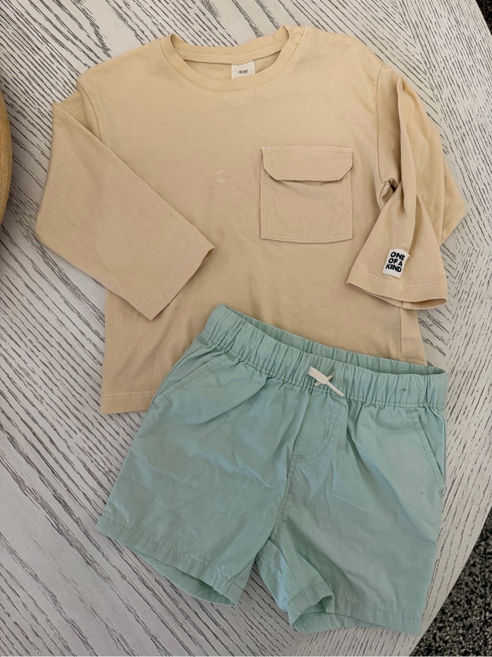 Baby BUNDLE- 3 pieces. H&M beige long sleeve, Old Navy Short & Dino Hooded Onsie